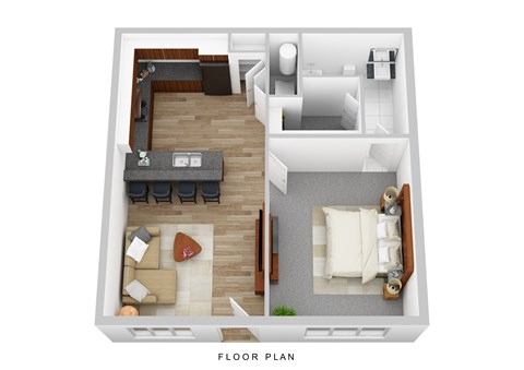 A floor plan of a small apartment with a living room, kitchen, and bathroom.